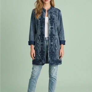 Embroidered Long Denim Coatigan in Dark Blue